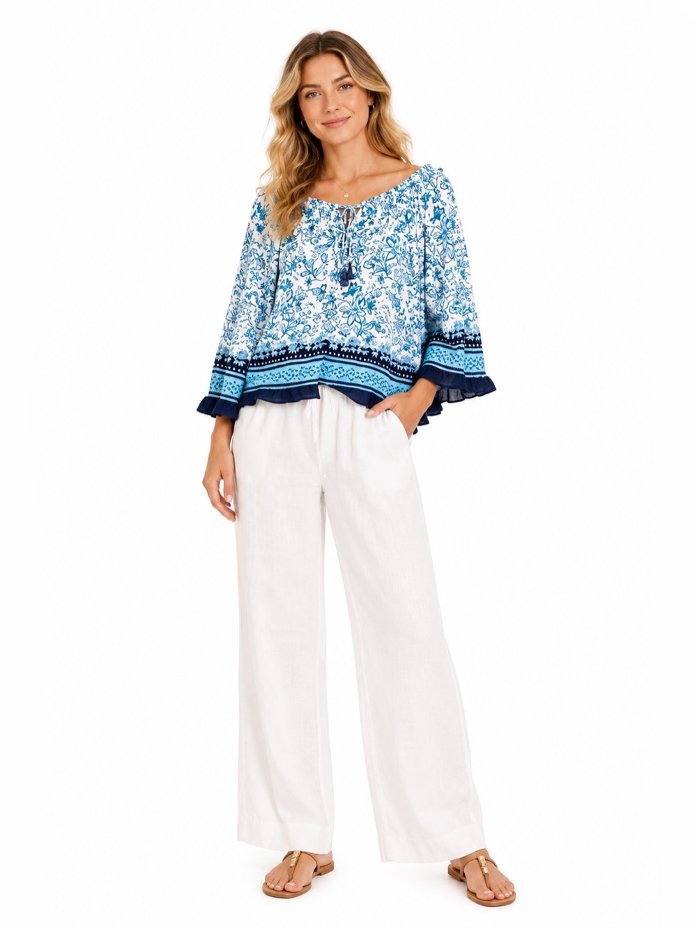 CeCe Womens Sz L Floral Top Size L Blues Topaz Tie Neck Long Sleeve NEW $69 MSRP